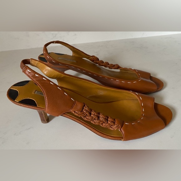 Max Studio Kylie 2 Cognac Leather Braided Slingback Open Peep Toe Heels Shoes 8 - Picture 2 of 9